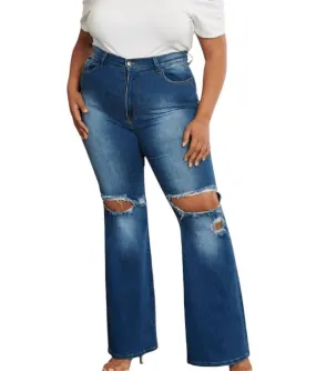 Aaaaa Fashion - Women's Rip Knee Flare Jeans - Plus