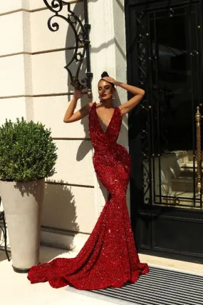 Anaya Elegant V-Neck Red Evening Dress