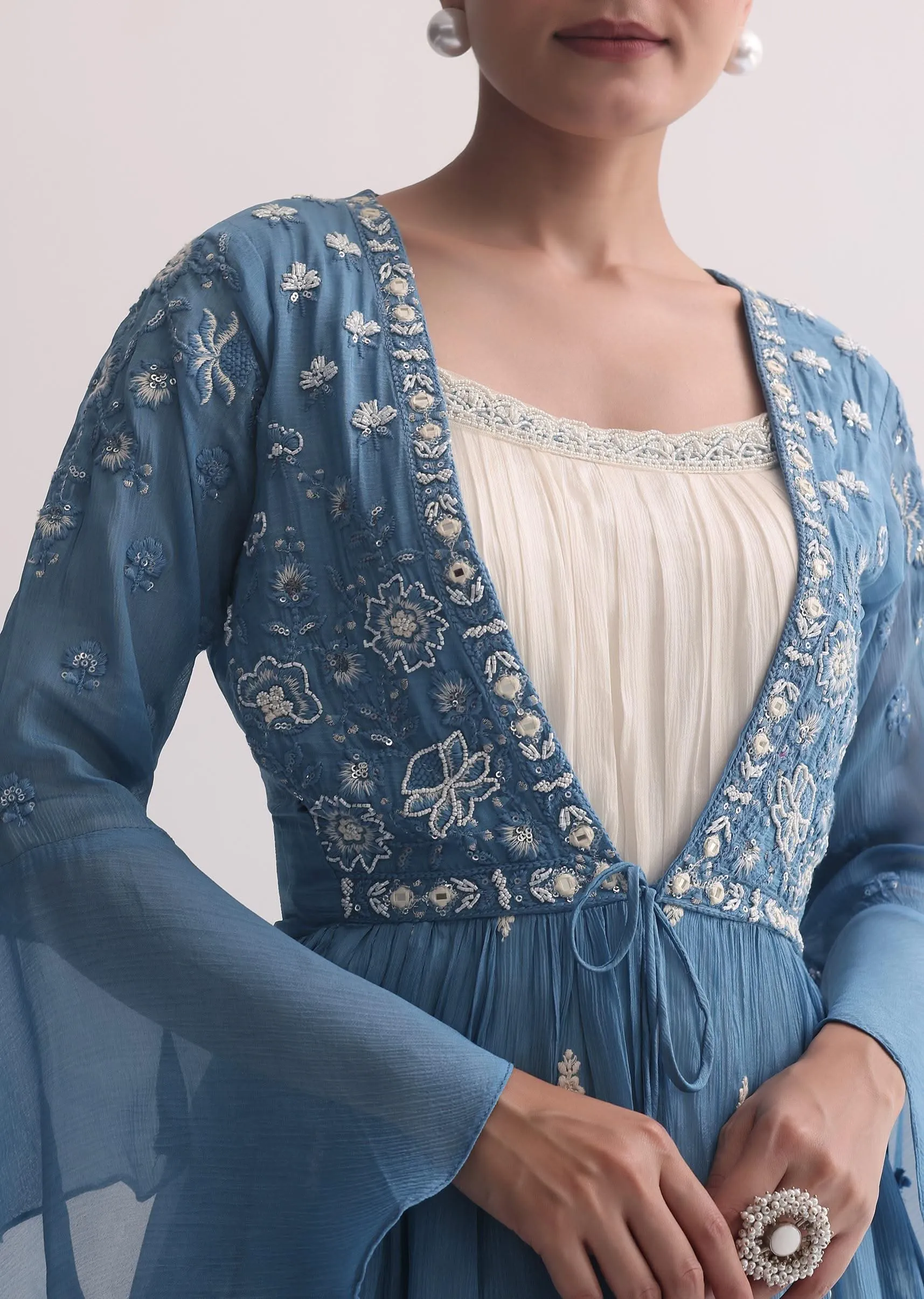 Blue Indogown Set With Peplum Jacket