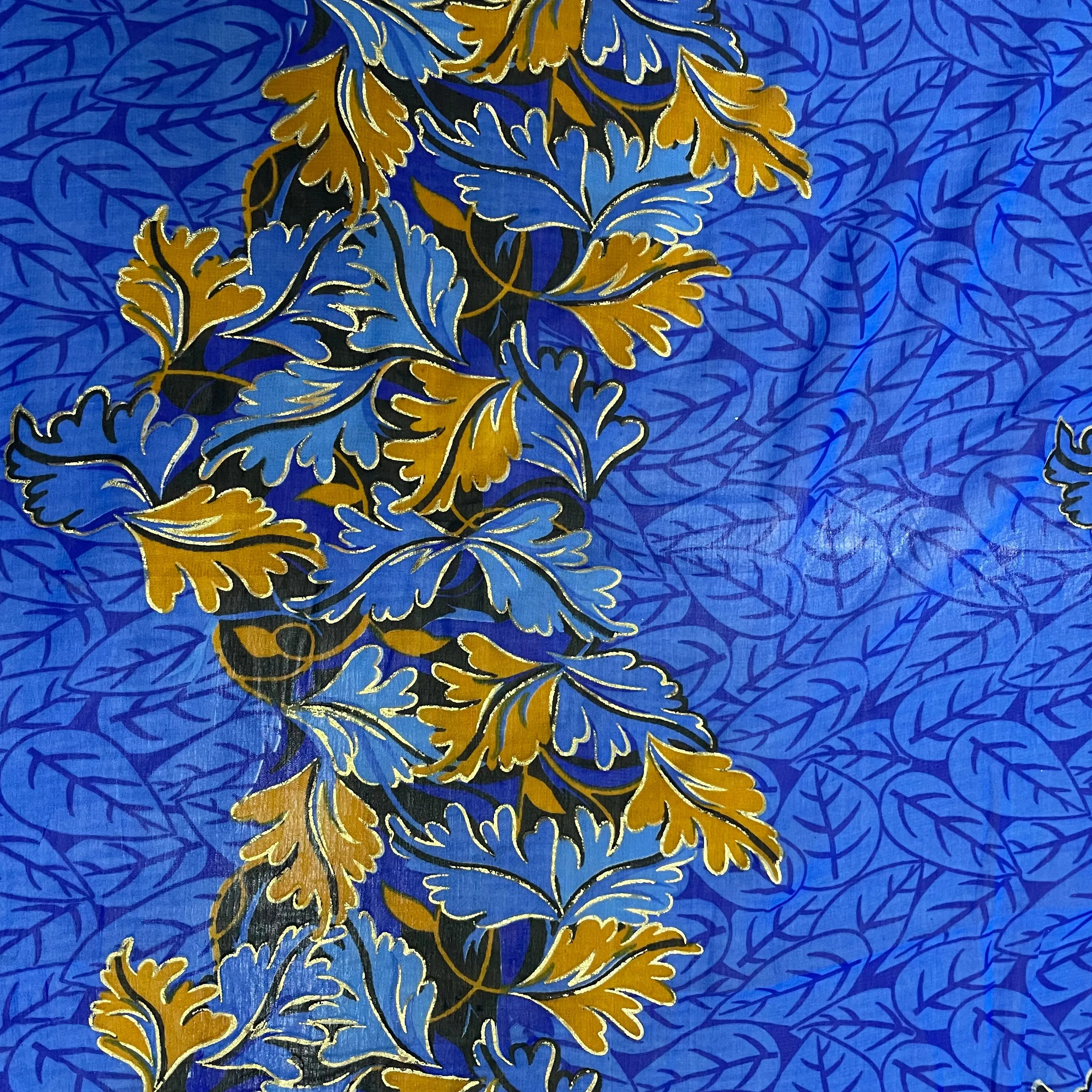 Blue With Yellow Floral Foil Print Georgette Fabric