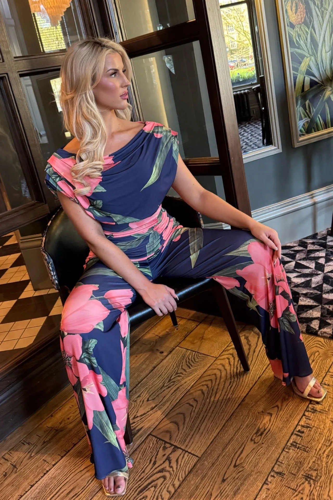 Carbon jumpsuit in navy & coral floral