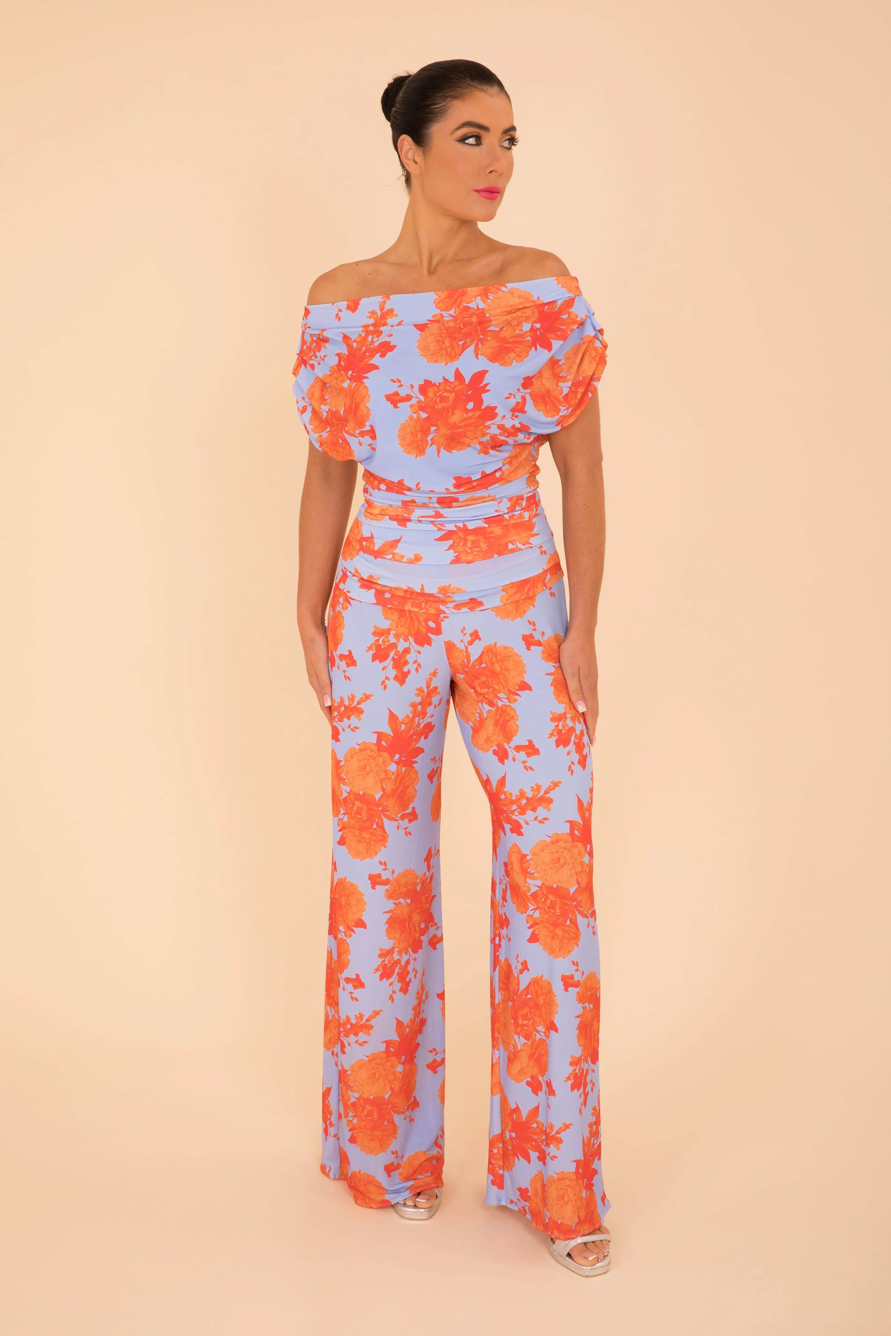 Carbon jumpsuit in powder blue & orange floral
