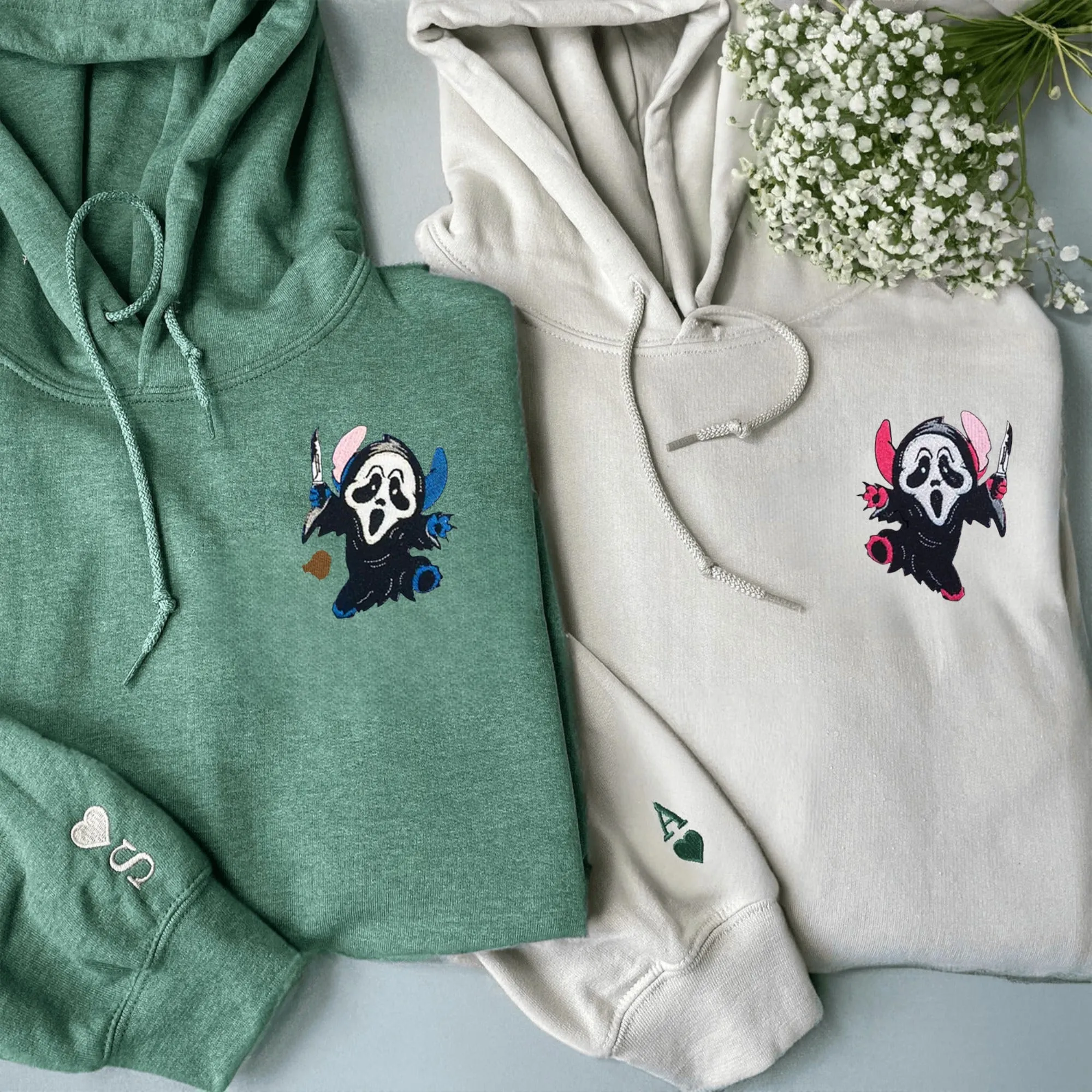 Custom Embroidered Halloween Ghost Couple Matching Hoodies - Custom Partner Hoodies
