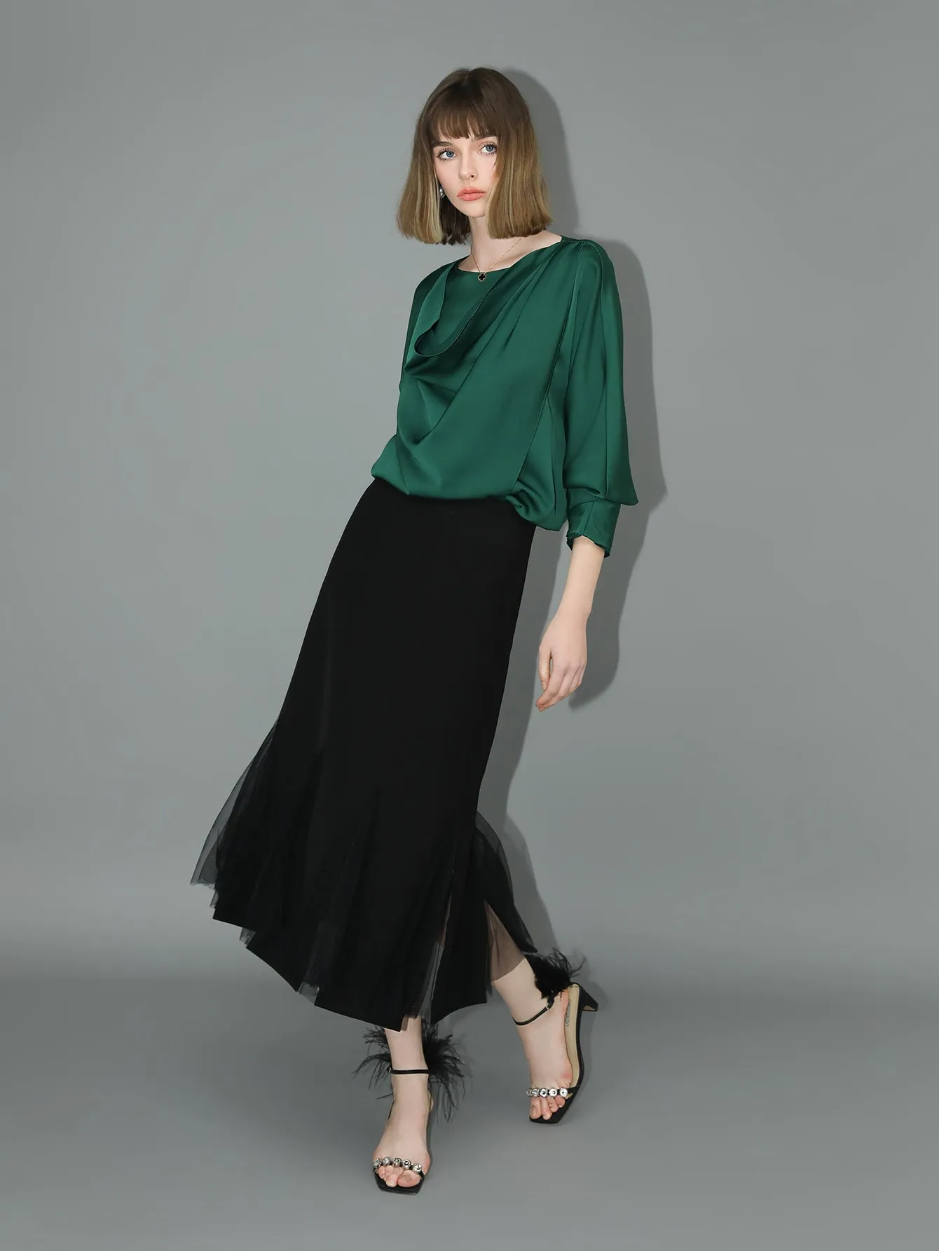 Elegant Scarf Collar Satin Blouse