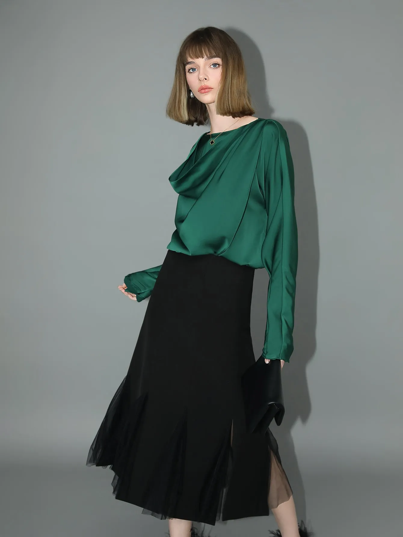 Elegant Scarf Collar Satin Blouse