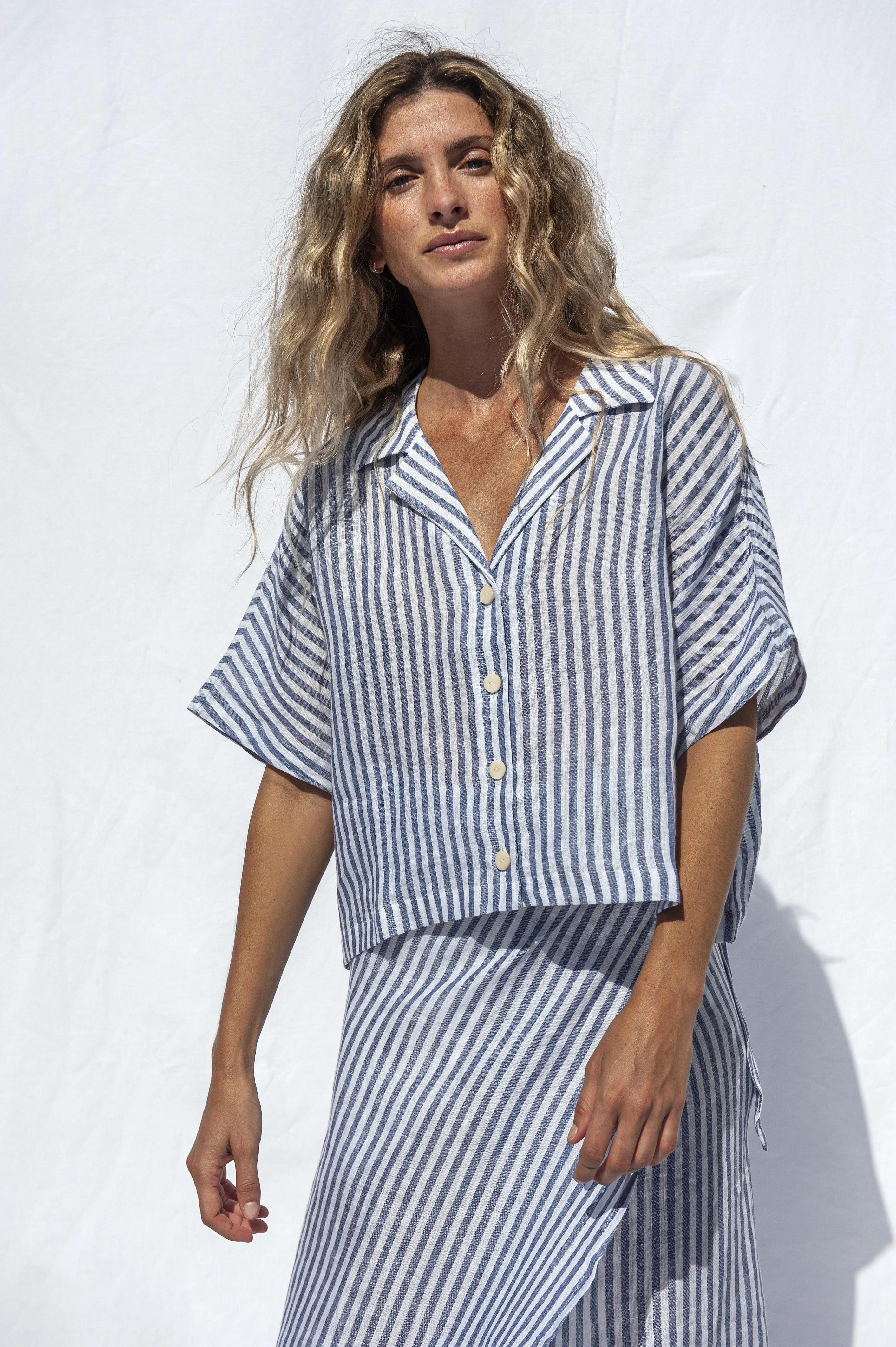 Elise Linen Blouse Blue-White