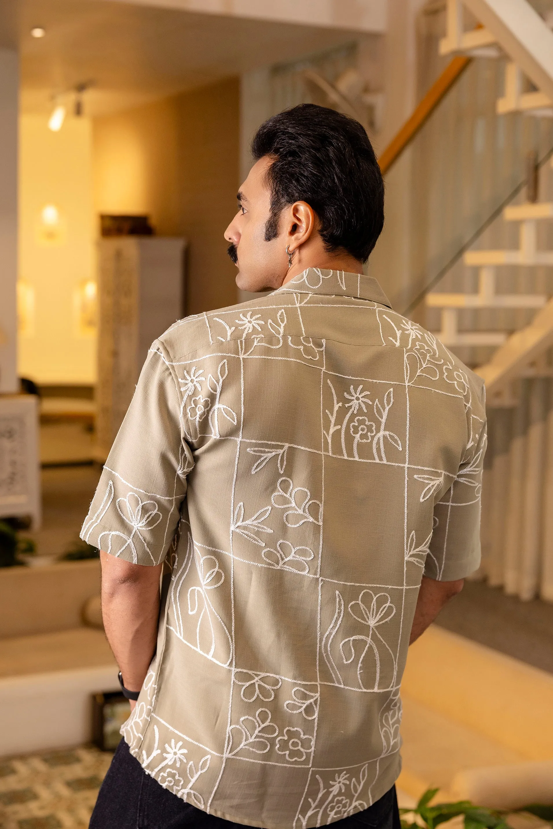 Firangi Yarn Olive Linen Cuban Collar Embroidered Shirt - Avocado Haze