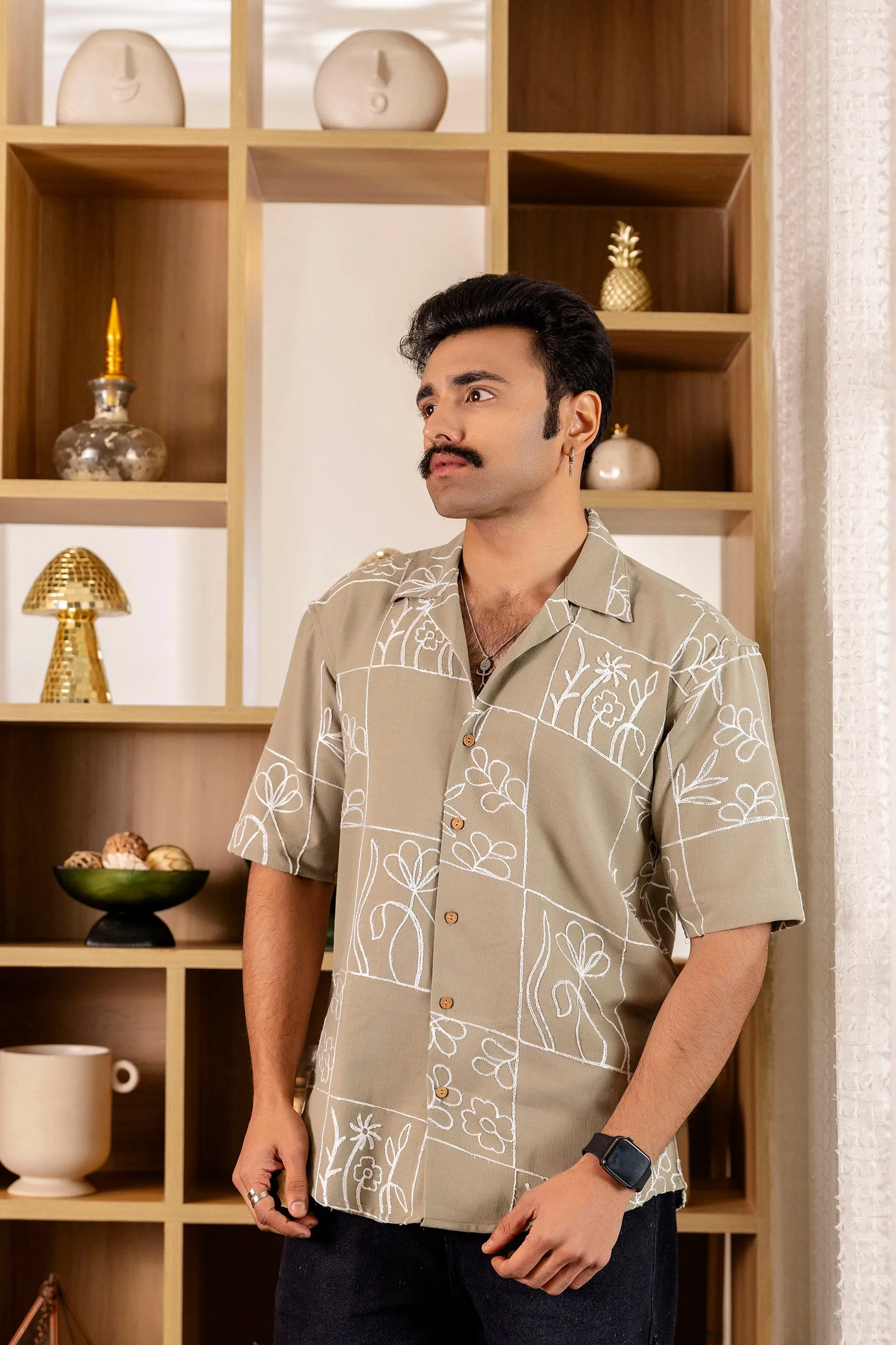 Firangi Yarn Olive Linen Cuban Collar Embroidered Shirt - Avocado Haze