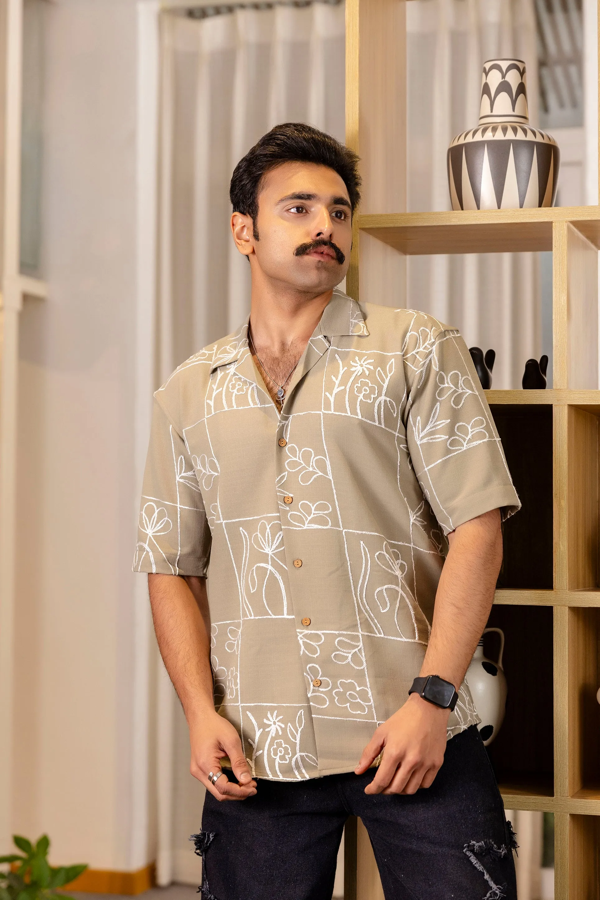 Firangi Yarn Olive Linen Cuban Collar Embroidered Shirt - Avocado Haze