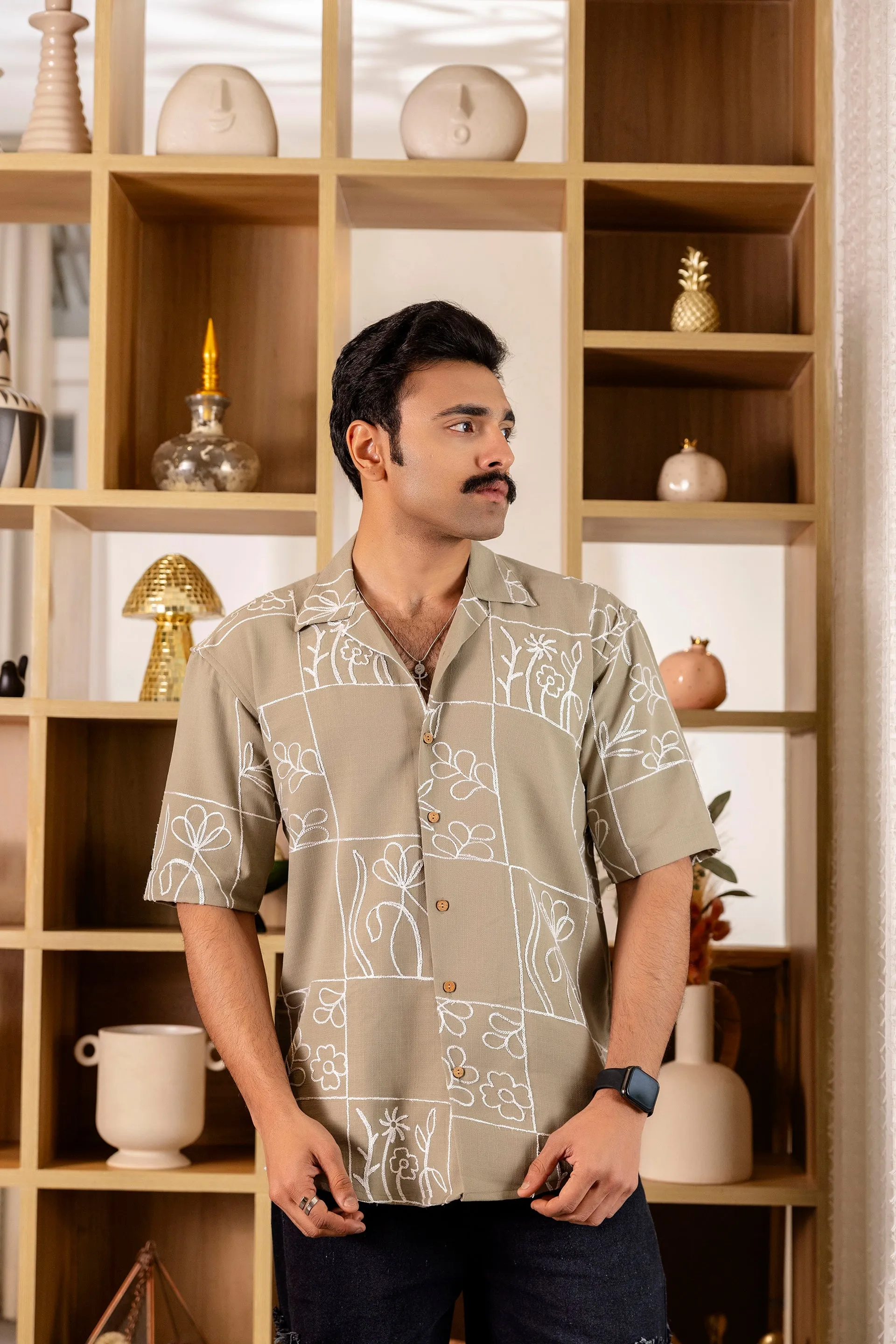 Firangi Yarn Olive Linen Cuban Collar Embroidered Shirt - Avocado Haze
