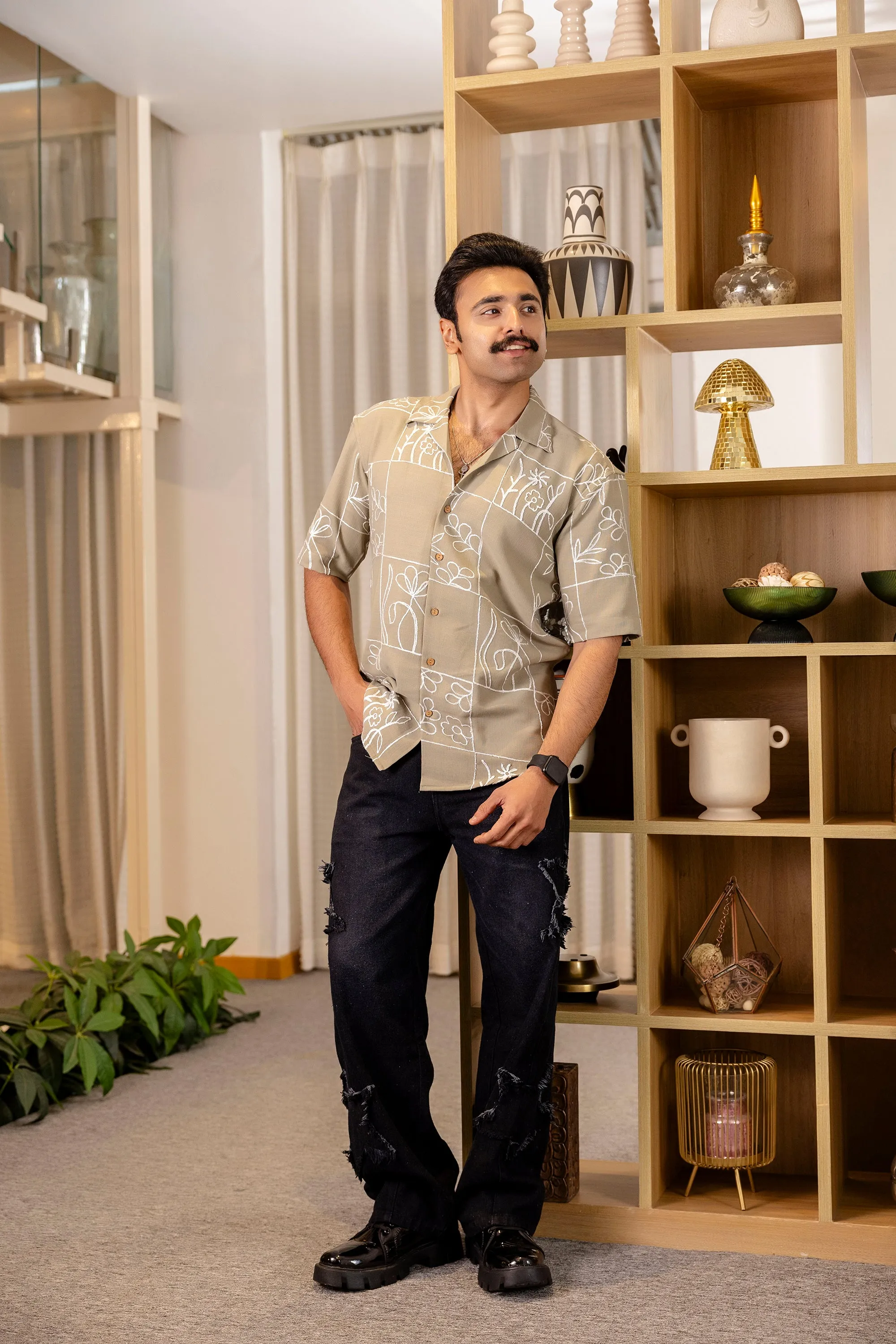 Firangi Yarn Olive Linen Cuban Collar Embroidered Shirt - Avocado Haze