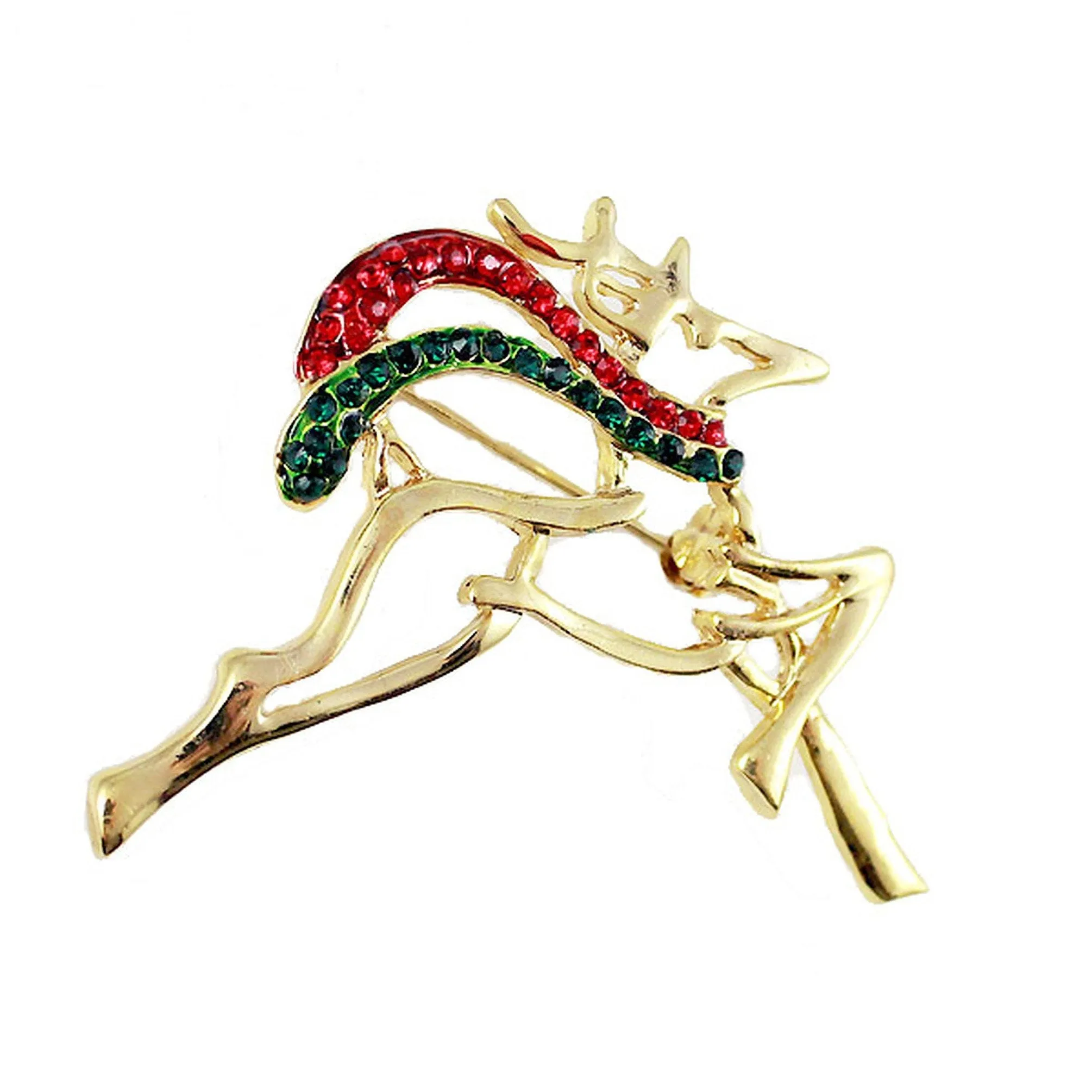 Gold Plated Christmas Reindeer Crystal Brooch Pin