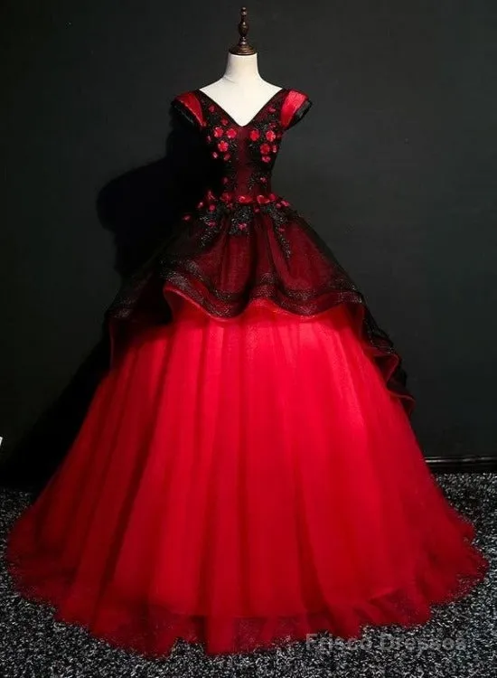 Gorgeous Black And Red Embroidery Quinceanera Dresses, Lace Applique Tulle Gowns