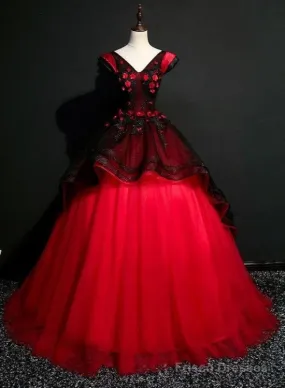 Gorgeous Black And Red Embroidery Quinceanera Dresses, Lace Applique Tulle Gowns