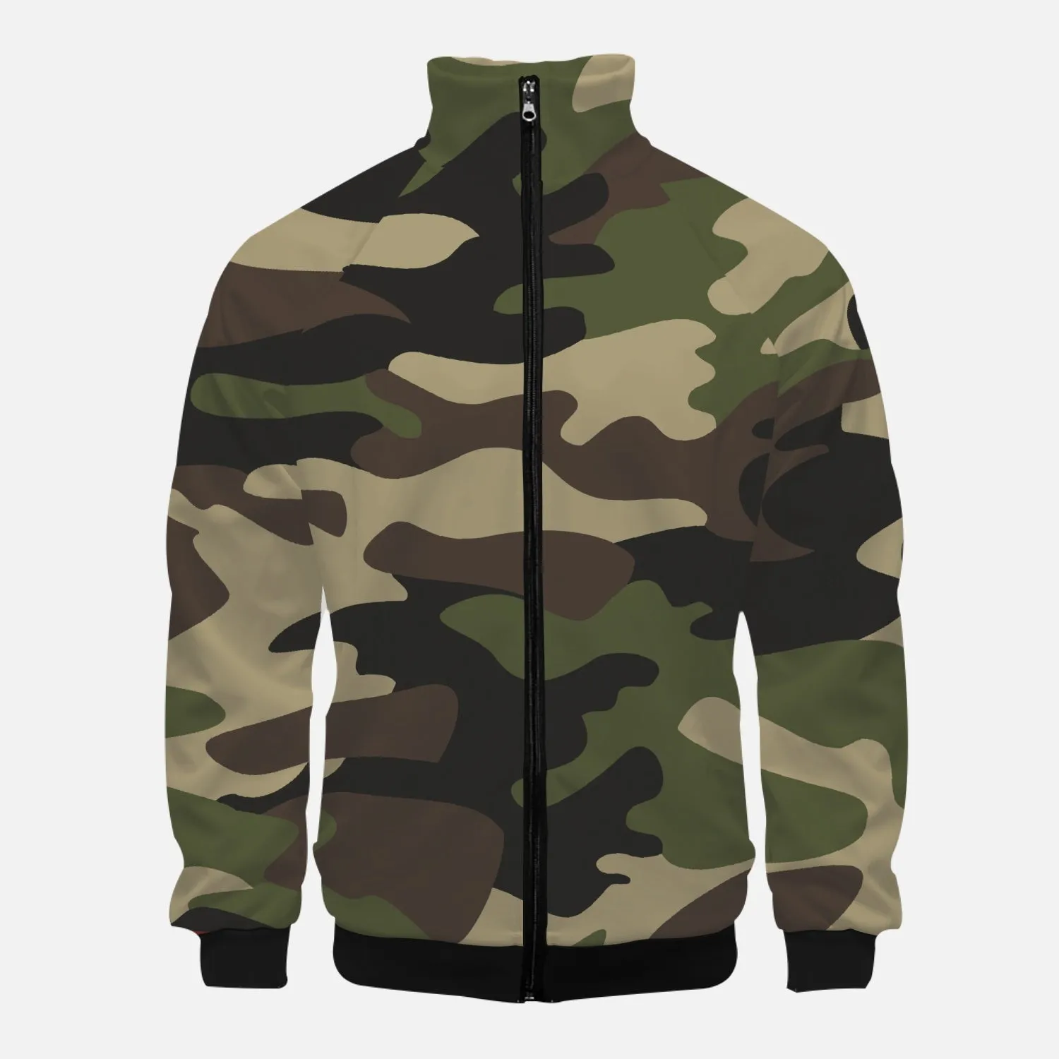 Green Camo with Red Accents - Stand Collar Zipper-up Hoodie