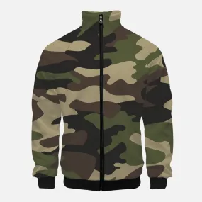 Green Camo with Red Accents - Stand Collar Zipper-up Hoodie
