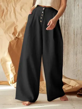 High Rise Pants - Wide Leg, Side Pockets Cotton-Linen Trousers