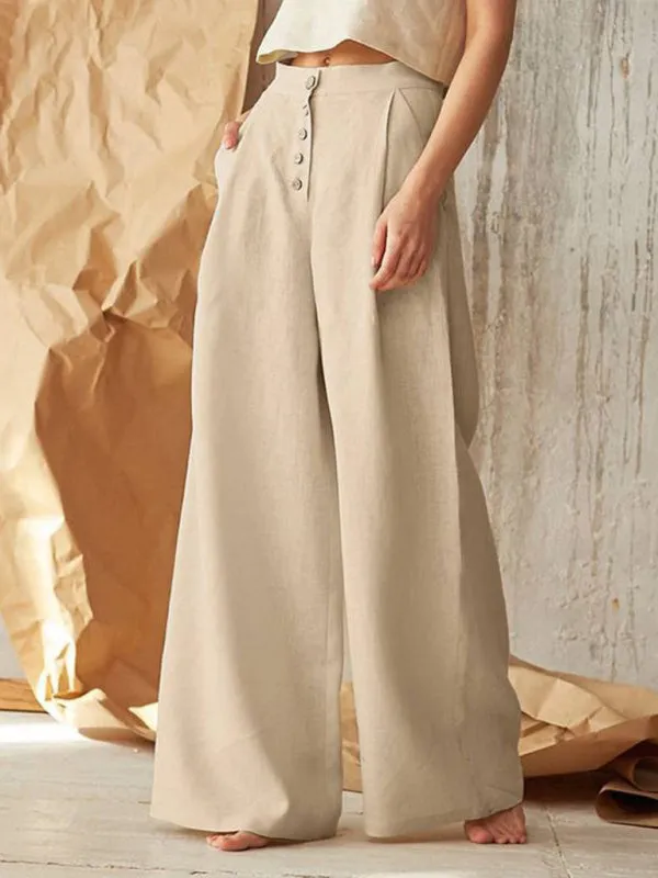 High Rise Pants - Wide Leg, Side Pockets Cotton-Linen Trousers