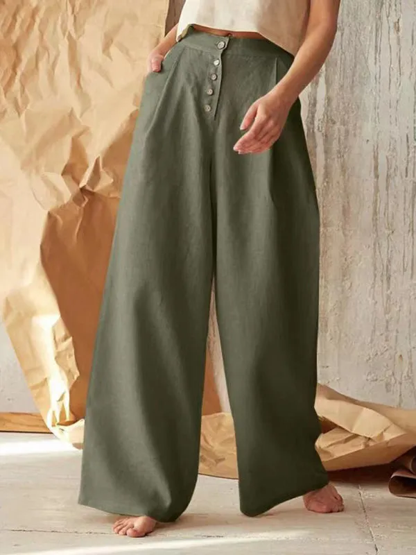High Rise Pants - Wide Leg, Side Pockets Cotton-Linen Trousers