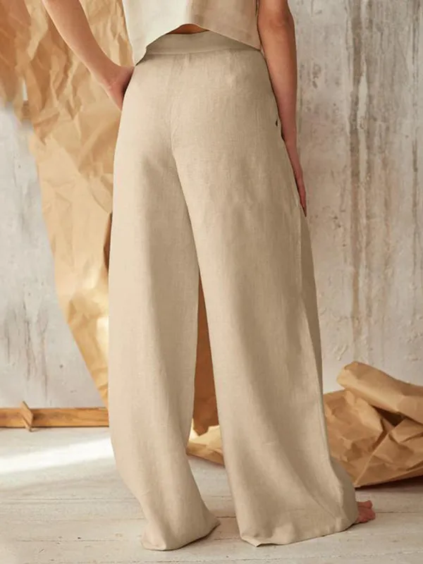 High Rise Pants - Wide Leg, Side Pockets Cotton-Linen Trousers