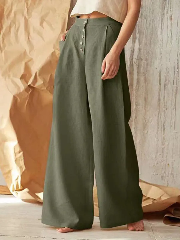 High Rise Pants - Wide Leg, Side Pockets Cotton-Linen Trousers