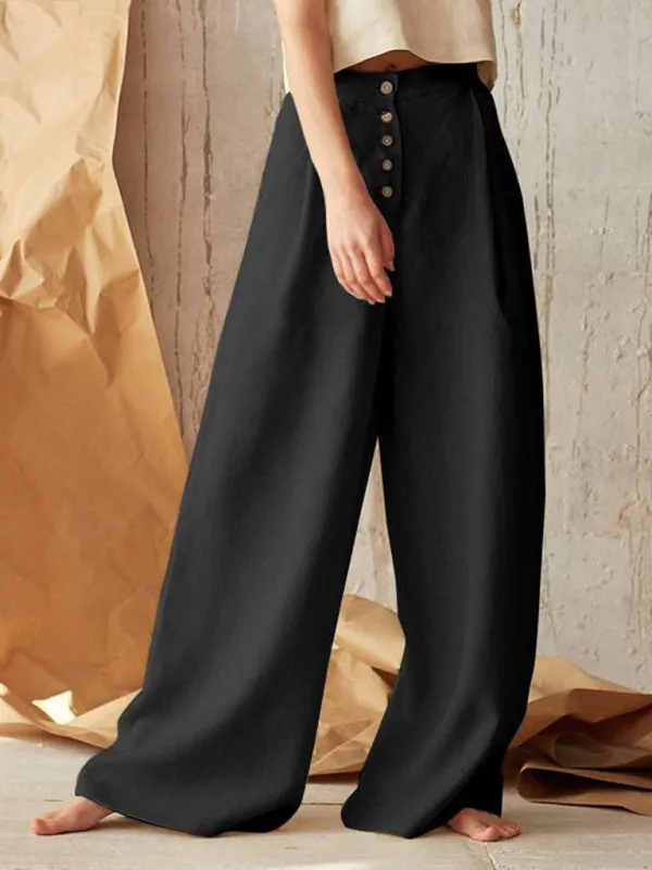 High Rise Pants - Wide Leg, Side Pockets Cotton-Linen Trousers