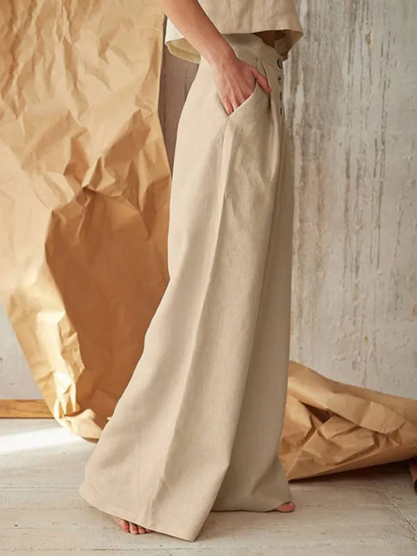 High Rise Pants - Wide Leg, Side Pockets Cotton-Linen Trousers