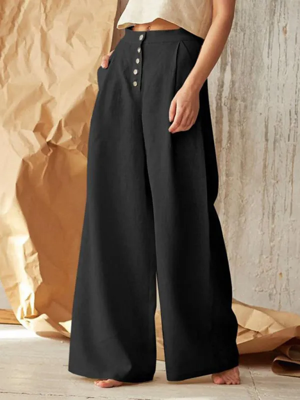 High Rise Pants - Wide Leg, Side Pockets Cotton-Linen Trousers
