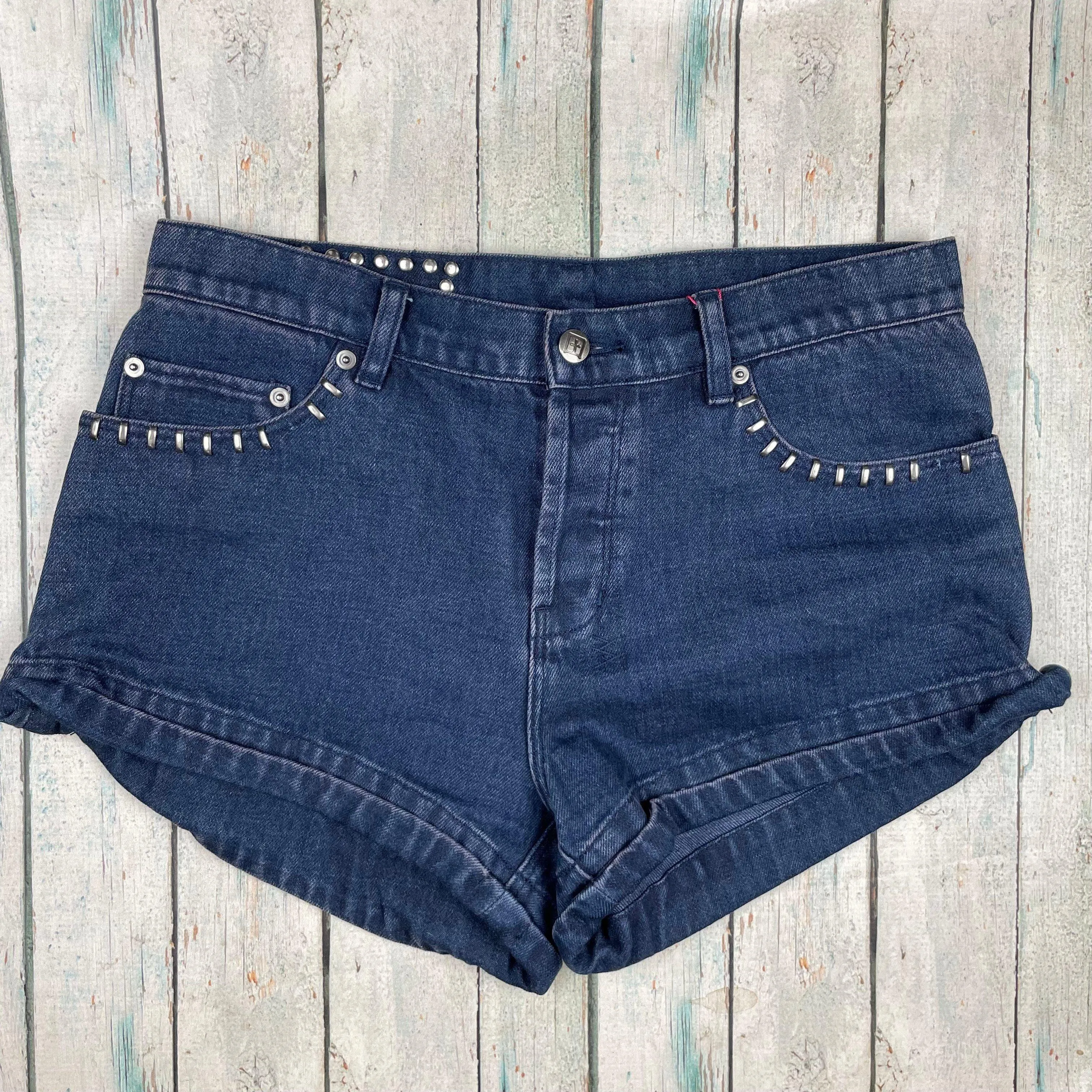Ksubi  'Cee Cee' Navy Bipolar Studded Denim Shorts  - Size 29