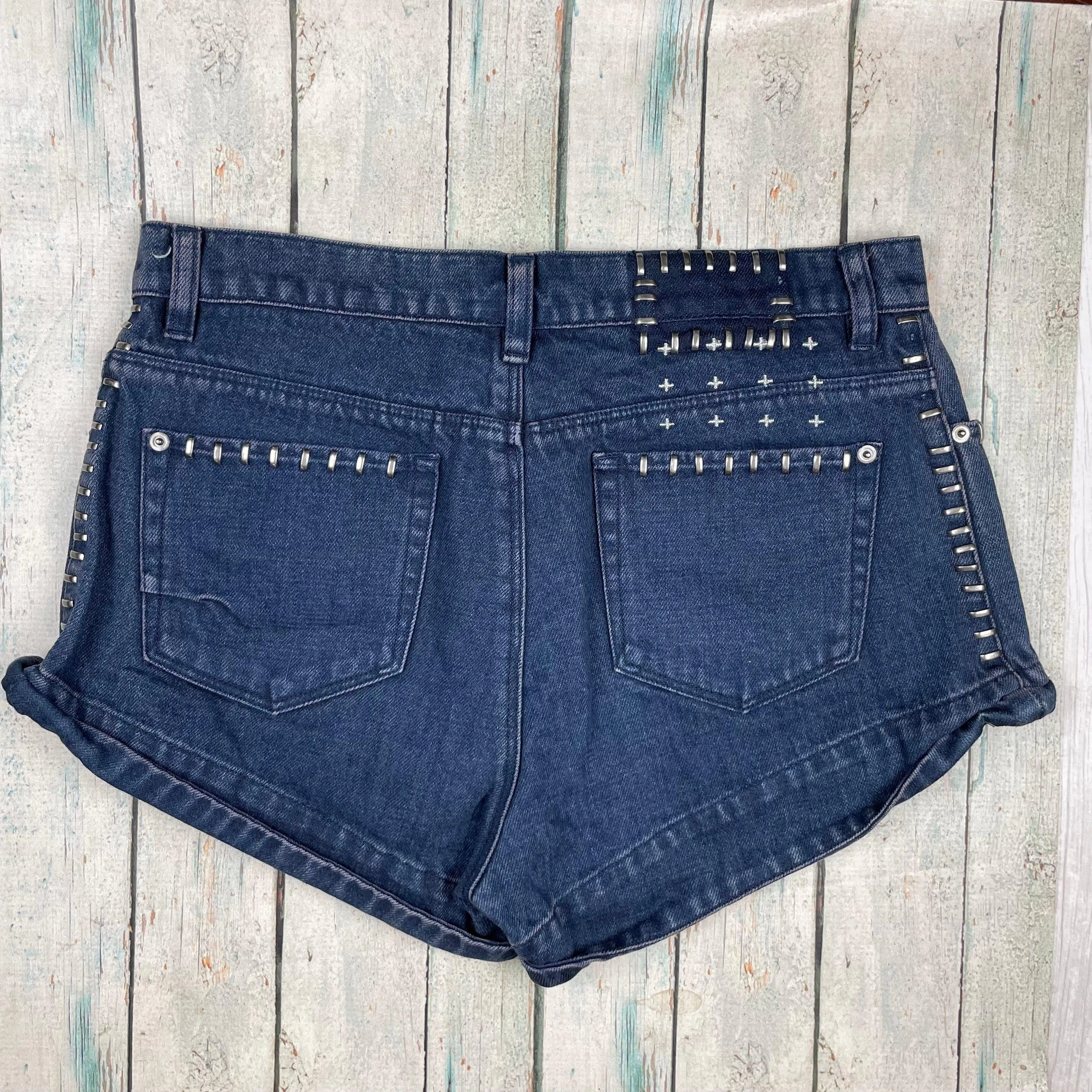 Ksubi  'Cee Cee' Navy Bipolar Studded Denim Shorts  - Size 29