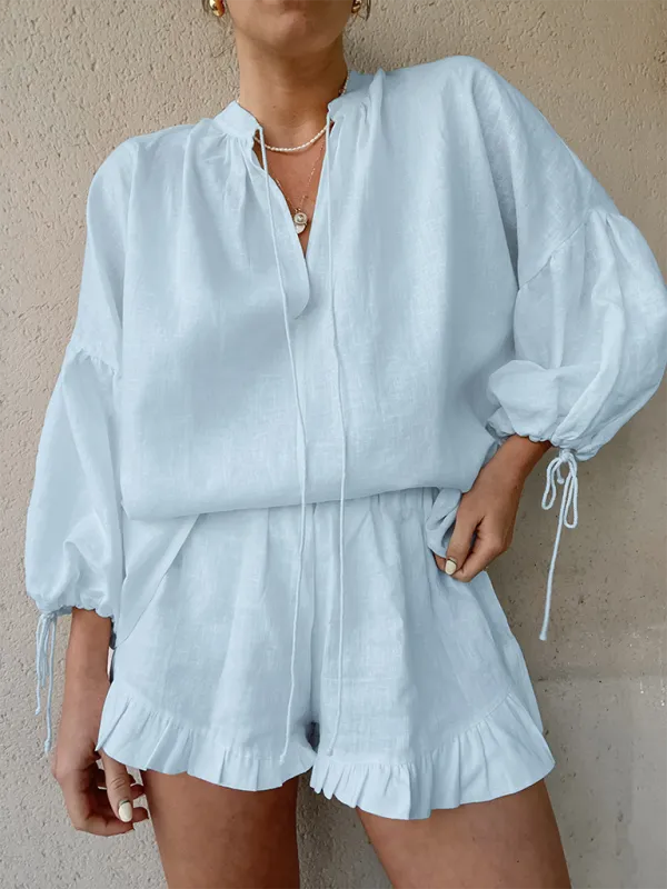 Laid-Back Shorts & Lantern Sleeves Blouse Set for Summer Women's Wear