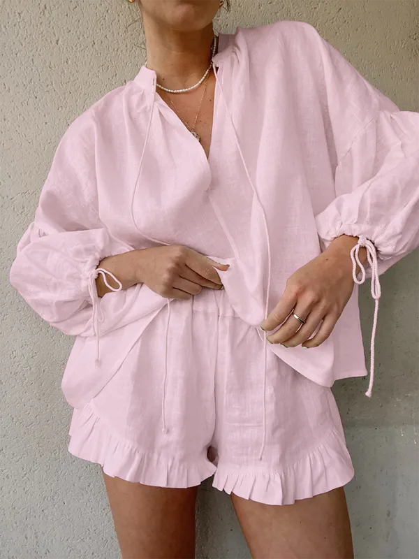Laid-Back Shorts & Lantern Sleeves Blouse Set for Summer Women's Wear