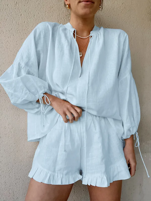 Laid-Back Shorts & Lantern Sleeves Blouse Set for Summer Women's Wear