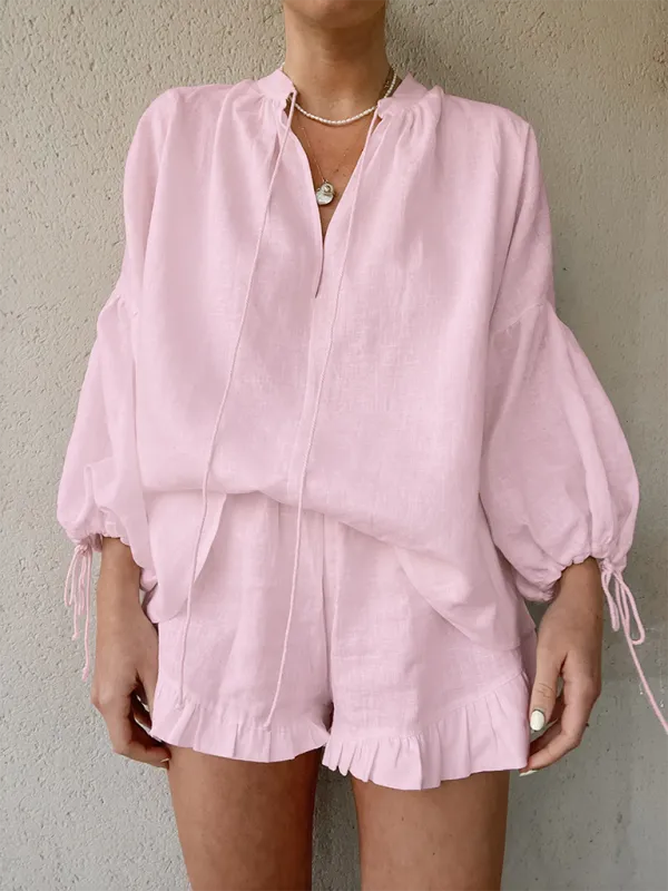 Laid-Back Shorts & Lantern Sleeves Blouse Set for Summer Women's Wear