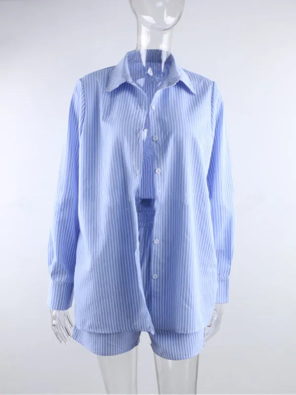 Laid-Back Striped 2-Piece Outfit with Button-Up Shirt & Shorts