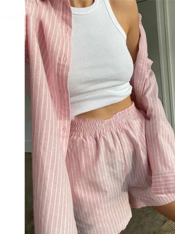 Laid-Back Striped 2-Piece Outfit with Button-Up Shirt & Shorts