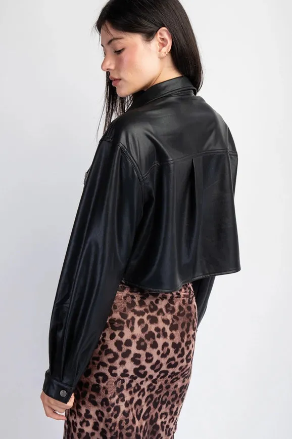 Long Sleeve Faux Leather Crop Jacket BLK