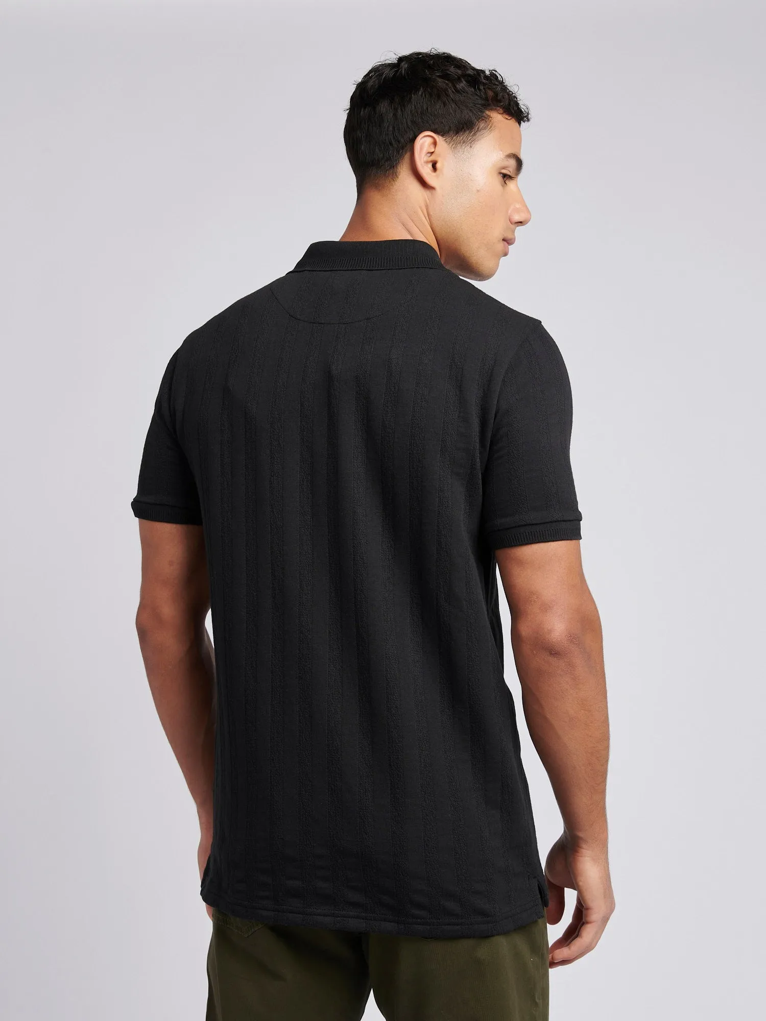 Mens Stripe Textured Zip Polo Shirt in Black Bright White DHM
