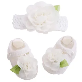 Newborn Collection (Set) :  Snow White Flowers Woolen Shoes & Headband For Newborn Baby Girl (In One Set)! (Item Code : NCW1)