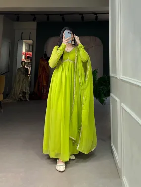 Parrot Green Color Alia Style Gown Elegance Personified in Georgette & Sequin