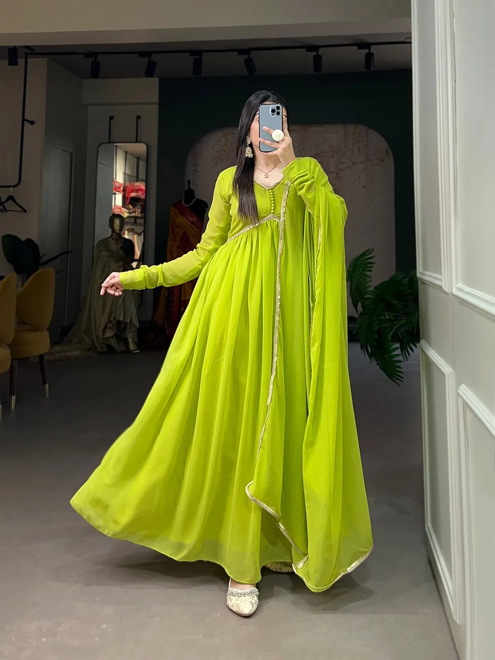 Parrot Green Color Alia Style Gown Elegance Personified in Georgette & Sequin