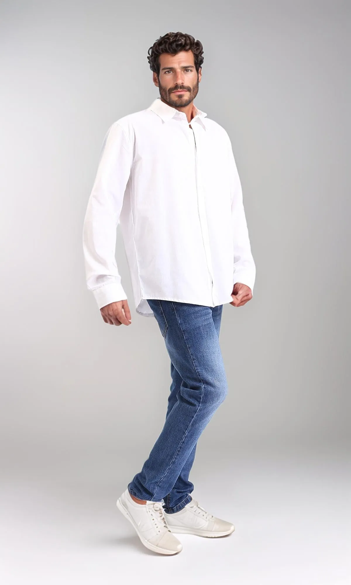 R206986 - Solid Cotton Long Sleeve Shirt - White