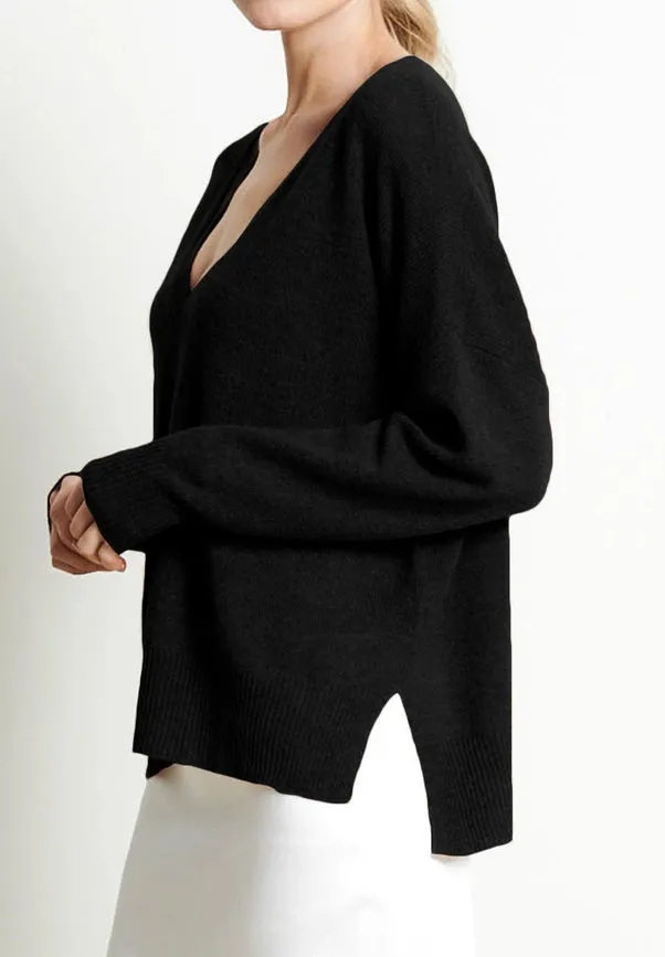 Ria 3 Oversized Deep V-Neck Sweater in Black