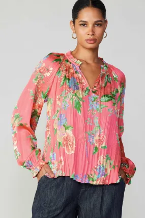Ruffled Split Neck Pleated Blouse