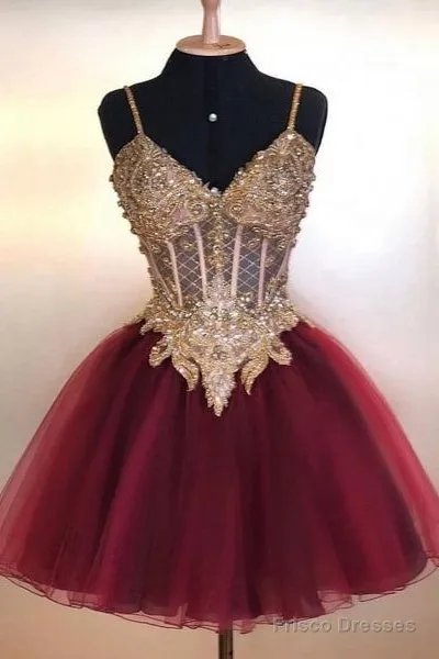 Short Homecoming Dress Burgundy Beads Lace Homecoming Gowns