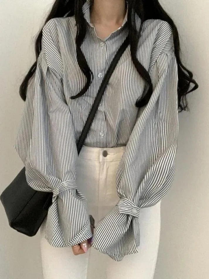 Stripe Lantern Sleeve Long Sleeve Blouse