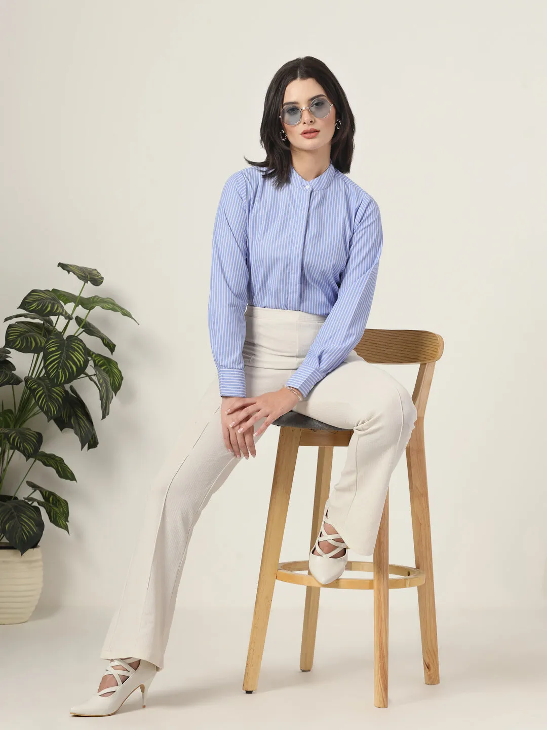 Style Quotient Women Blue and White Stripe Polycotton Formal Shirt