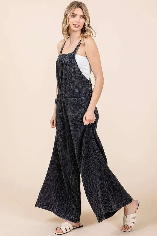 Textured Wide Leg Overalls