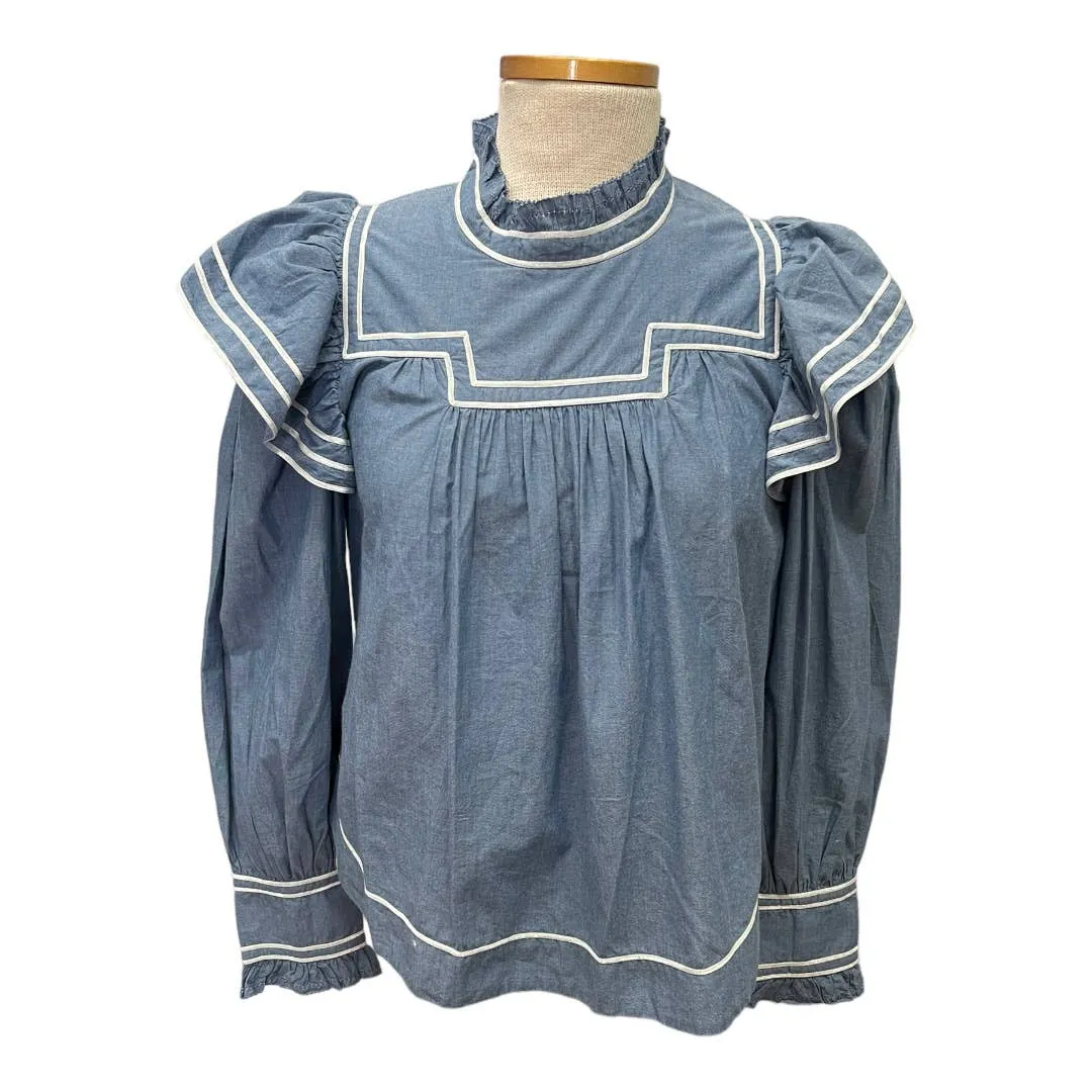 Ulla Johnson Ester Chambray Blouse Top Ruffle Denim New Size 10