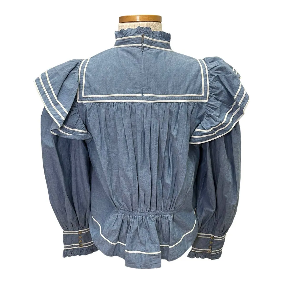 Ulla Johnson Ester Chambray Blouse Top Ruffle Denim New Size 10
